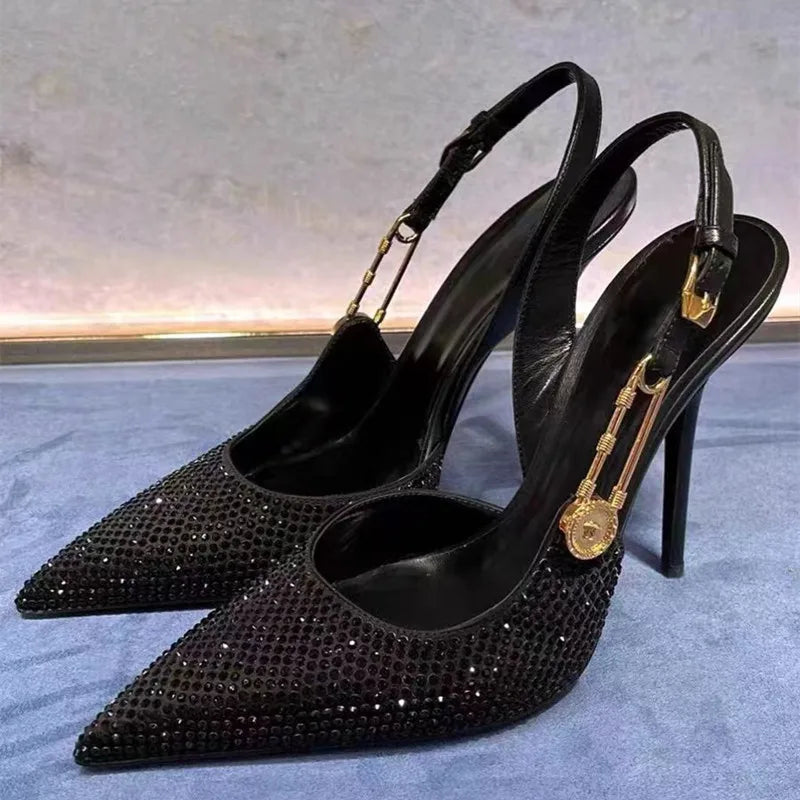 Elegant Rhinestone Pointed Toe Slingback Heels
